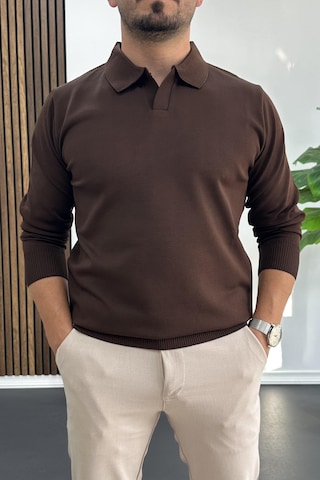 Edwox Erkek Açık Yaka Düz Desen Normal Kalıp Kazak Kahverengi Edw423 Kahverengi