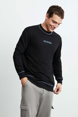 Grımelange Albert Erkek Yuvarlak Yakalı Polarsız Baskılı Ve Kontrast Dikişli Siyah Sweatshirt
