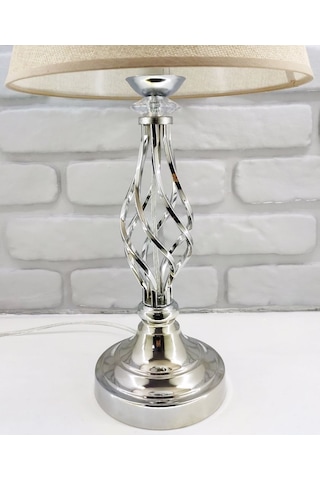 Gümüş Gri Rustik Burgulu Taşlı Metal Ayak Kahverengi Kumaş Abajur Krom