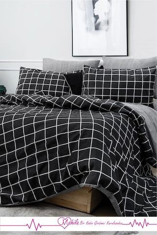 Battal Boy Lüks Pamuklu Nevresim Seti Siyah Kare Desen Çok Renkli