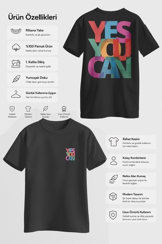 Spoyi Yes You Can Tasarımlı %100 Pamuk Yarım Oversize Siyah T-shirt