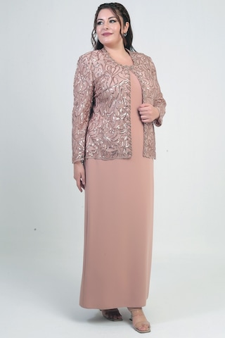 Kadın Pul İşlemeli Boncuk Detaylı Tül Ceket Yarım Ay Kollu Uzun Elbise Astarlı Krep Büyük Beden 2'li Takım Gold