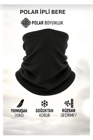 Qulothes Termal Polar Soğuk Geçirmez Bere & Boyunluk Unisex Pamuklu Kışlık Ayarlanabilir İpli Bere Siyah
