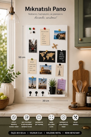 Yiğit Metal Mıknatıslı Pano Beyaz Ofis/çalışma Odası İçin Mıknatıs Hediyeli Metal Magnet Hatıra Panosu 50 x 30 CM