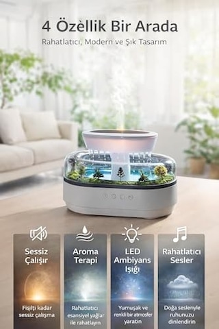 Yağmur Damlası Efektli Hava Nemlendirici Ve Aroma Difüzör, Doğa Ses Modları, Led Ambiyans Işıklı, Sessiz Çalışma, Buharlı Nemlendirici Buhar Makinesi, Dekoratif Tasarım Yapay Teraryum Tasarımı