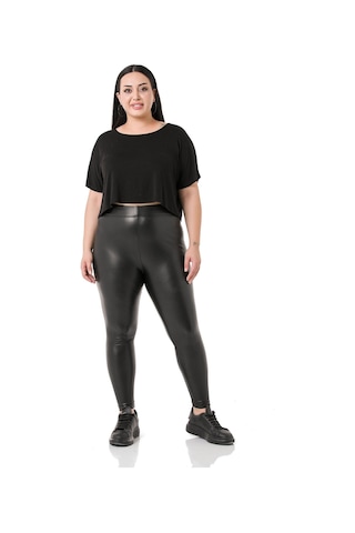 Disentis Büyük Beden Beli Lastikli Bilek Hizasında Deri Tayt Siyah