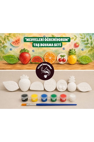 Meyveleri Öğreniyorum Taş Boyama Seti 7 Obje + 6 Renk Boya + 1 Fırça + Boyama Sertifikası