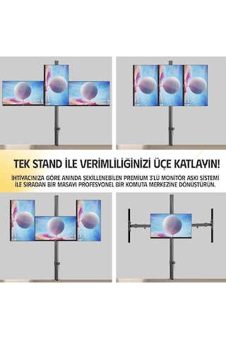 Ergoflex Ef53 Üç Ekran Montaj Asansörlü 13-27inch Monitör Standı