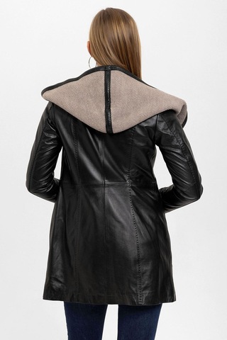 Siyah Julia Triko Kapüonlu Kemerli Hakiki Kadın Deri Kaban-siyah Siyah