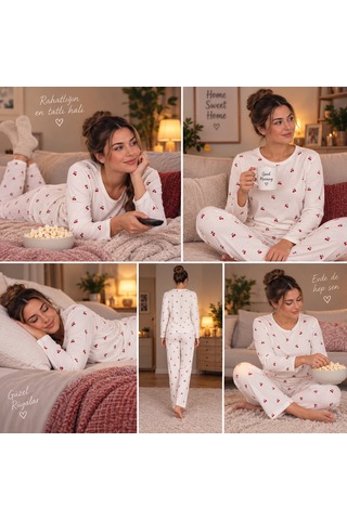 Pijama Denizi Pijama Partisi Kirazlı Pijama Takımı Kadın Açık Krem