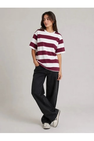 Hazego Çizgili Oversize Tişört Bisiklet Yaka Kısa Kol Yazlık T-shirt - Bordo