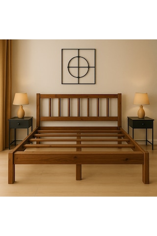 100cm X 190cm Masif Ahşap Yuvarlak Çıtalı Başlıklı Karyola Ceviz Rengi