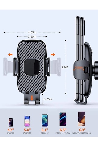 Araç Içi Otomatik Telefon Tutucu Cam Ve Torpido Için Araba Telefon Tutacağı Vantuzlu Klipsli Siyah