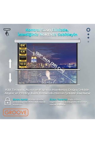 Groove Vizio Pro 150 Inch 332x188cm Blackout Işık Geçirmez Profesyonel Projeksiyon Perdesi +canlı Renkler+göz Koruması+leke Tutmaz Projector