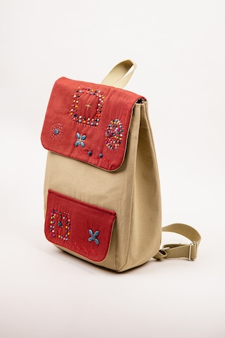 Fabric Craft Bag Sırt Çantası Kumaş Boho Nakışlı Koyu Bej - Bordo