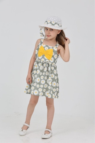 Papatya Baskılı Askılı Şapkalı Elbise Yeşil