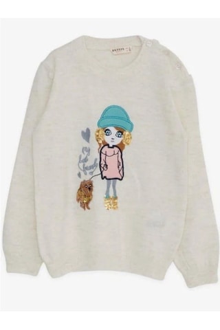 Kız Çocuk Pul Süslemeli Triko Bisiklet Kazak-15193 Krem