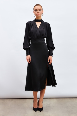 Sateen Yırtmaçlı Saten Etek - Siyah-133207 Siyah
