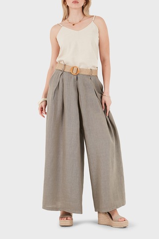 Via Dante Relaxed Fit Yüksek Bel Bol Paça Keten Pantolon Bayan Pantolon 7544 Toprak
