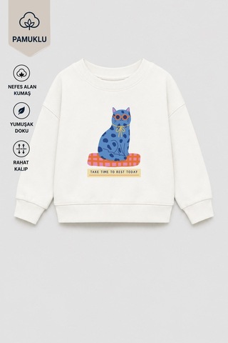 Monila Kız Çocuk 3 İplik Kumaş Pamuklu Mavi Kedi Baskılı Sweatshirt Ekru