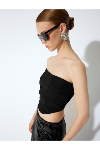 Koton Slim Fit Asimetrik Straplez Crop Top Siyah 5wak10331ek Siyah