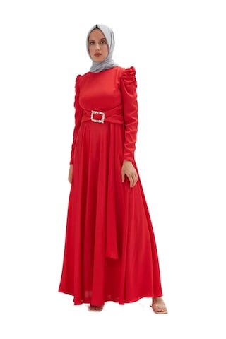 Bel Detaylı Saten Abiye Elbise 711-kırmızı Kırmızı