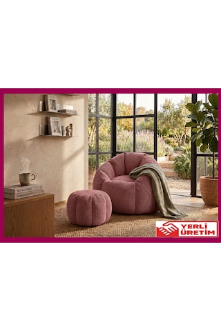 Herev Puf/ Tekli Puf Berjer / Baba Koltuğu / Papatya Modelli Kadife Kumaşlı Puf Takımı Pembe