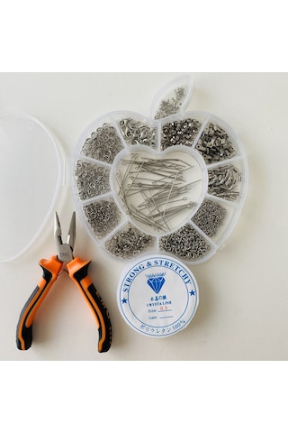 Elma Kutulu Metal Set 4 - Gümüş Küpe Kolye Bileklik Yapım Seti Mini Kargaburun