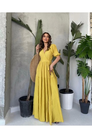Olla Collection Bağlamalı Gofre Elbise Sarı