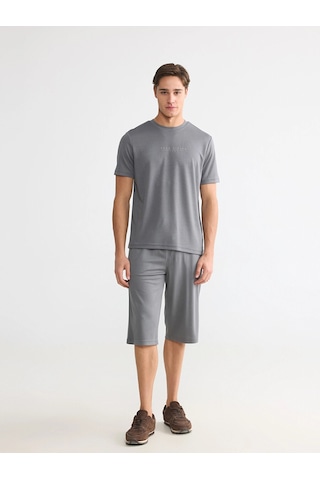 LC Waikiki Lcwaıkıkı Classic Gri Bisiklet Yaka Baskılı Erkek Penye Tişört Dark Grey