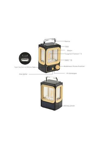 Ampul Solar Şarj Edilebilir 12 Led 1 Rustikli Led Kamp Lambası