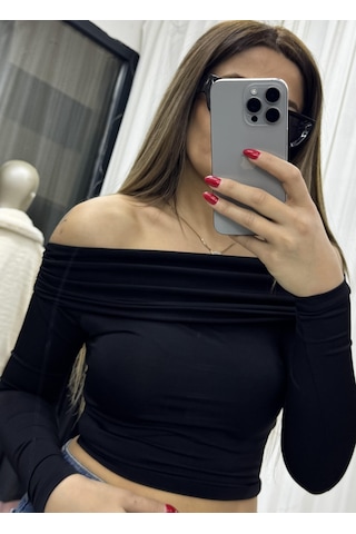 Daves Madonna Yaka Drapeli Uzun Kollu Sandy Body Bluz-siyah Siyah