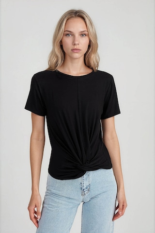 Vitrin Yuvarlak Yaka Önü Büzgülü T-shirt Siyah