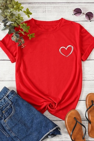 Unisex Baskılı Kısa Kol T-shirt Kırmızı