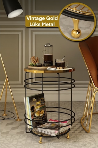 Bino Sehpa Yan Orta Metal Zigon Sehpa Gold Ayaklı Kitaplık Raflı