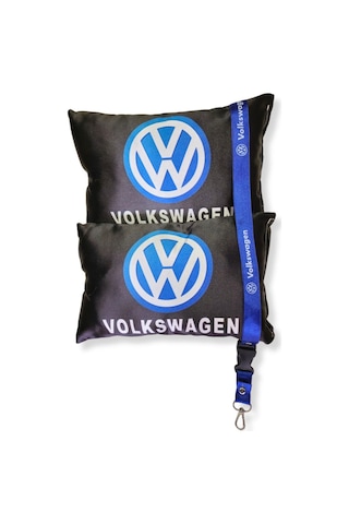 Volkswagen Dijital Baskılı Siyah Araç Boyun Yastık 2'li Set Volkswagen Mavi Oto Ayna Askısı Siyah