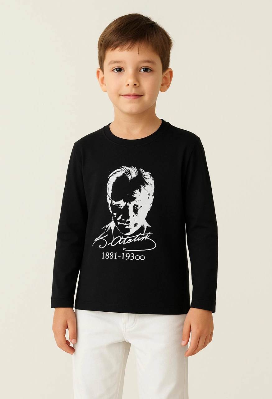 Gala Atatürk Baskılı Uzunkol Ünisex Çocuk Tişört Siyah
