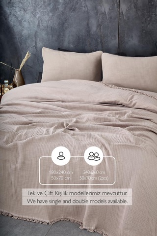 Müslin%100 Pamuk Tek Kişilik Yatak Örtüsü Pike Takımı 4 Katlı Yumuşak Battaniye 2 Parça Bej Cappuccino