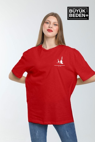 Superlife Kadın Büyük Beden Yelken Baskılı 3xl-6xl Bisiklet Yaka Tshırt Spr26btsk510-11 Kırmızı