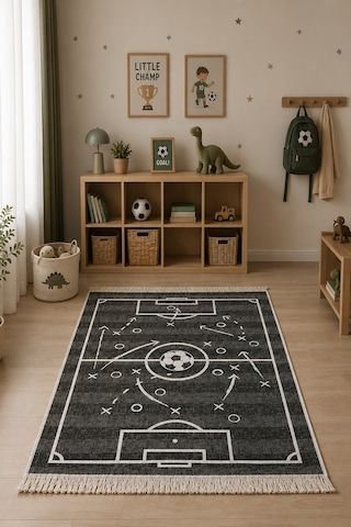 Lorvian Noletti Çocuk Odası Kilimi Pamuklu Futbol Sahası Desenli Makinede Yıkanabilir Uygun Kilim Evm26829a Renkli