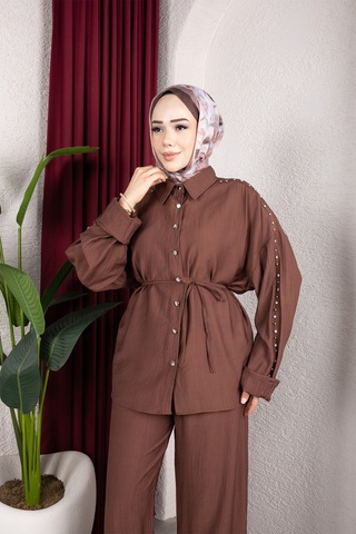 Hira Life Fashion Kadın Kolu Taş Detaylı Bel Bağlamalı Salaş Keten Gömlek Pantolon İki 'li Şık Takım Kiremit Kiremit