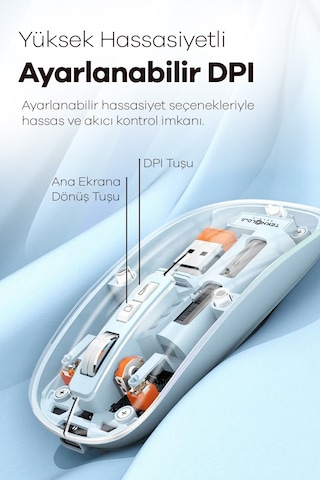 Kablosuz Mouse Fare Şarjlı Bluetooth Wireless Çift Modlu Sessiz 5 Tuşlu Şeffaf Dpı Kontrol Siyah 001