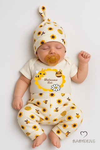 Halasının Balı Yazılı 3 Lü Bebek Takımı Pamuklu Kısa Kollu Çıtçıtlı Body, Arı Desenli Pantolon,bere 1 Babyden's Halasının Balı Yazılı 3 Lü Bebek Takımı %100 Pamuklu Kısa Kollu Çıtçıtlı Body, Arı Desenli Pantolon,bere Seti Ekru