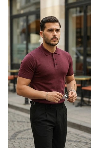 Defymoda Erkek Düğme Yakalı Kısa Kollu Pamuk Triko Tişört Altın