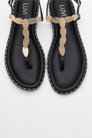 Luvishoes Luvi Shoes Marea Siyah Hakiki Deri Parmak Arası Gold Tokalı Kadın Sandalet Siyah