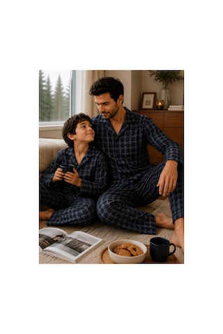 Free Beka Ekose Desenli Baba Oğul Uzun Kollu Gömlek Yaka Düğmeli Erkek Pijama Takımı Gri