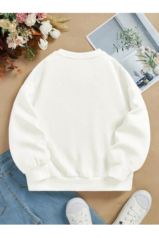 Unisex Oversize Bisiklet Yaka Basic Düz Sweatshirt - Ekru