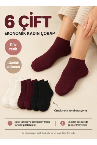 Efemicgiyimstore 12 Çift Ekonomik Kadın Çorap Düz Model, Karışık Renk Çoklu Paket Çok Renkli