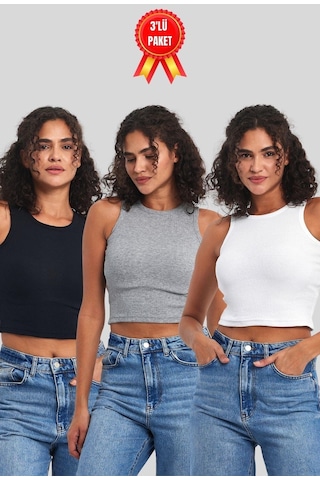 Mmetalic Kadın Siyah-beyaz-gri Fitilli Görünümlü Askılı Kalın Esnek Örme 3'lü Basic Crop Atlet Bluz Çok Renkli