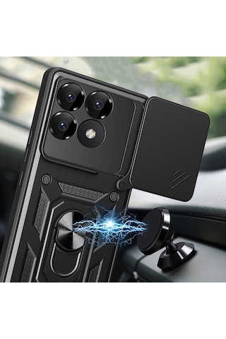Xiaomi Poco F6 Pro Kılıf Magnetik Standlı Kamera Korumalı Zore Sürgülü Vega Kapak Mavi